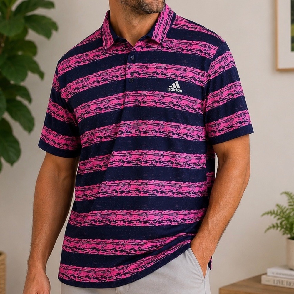 Adidas Golf Polo Shirt XL Pink Navy Striped Performance Short Sleeve Mens